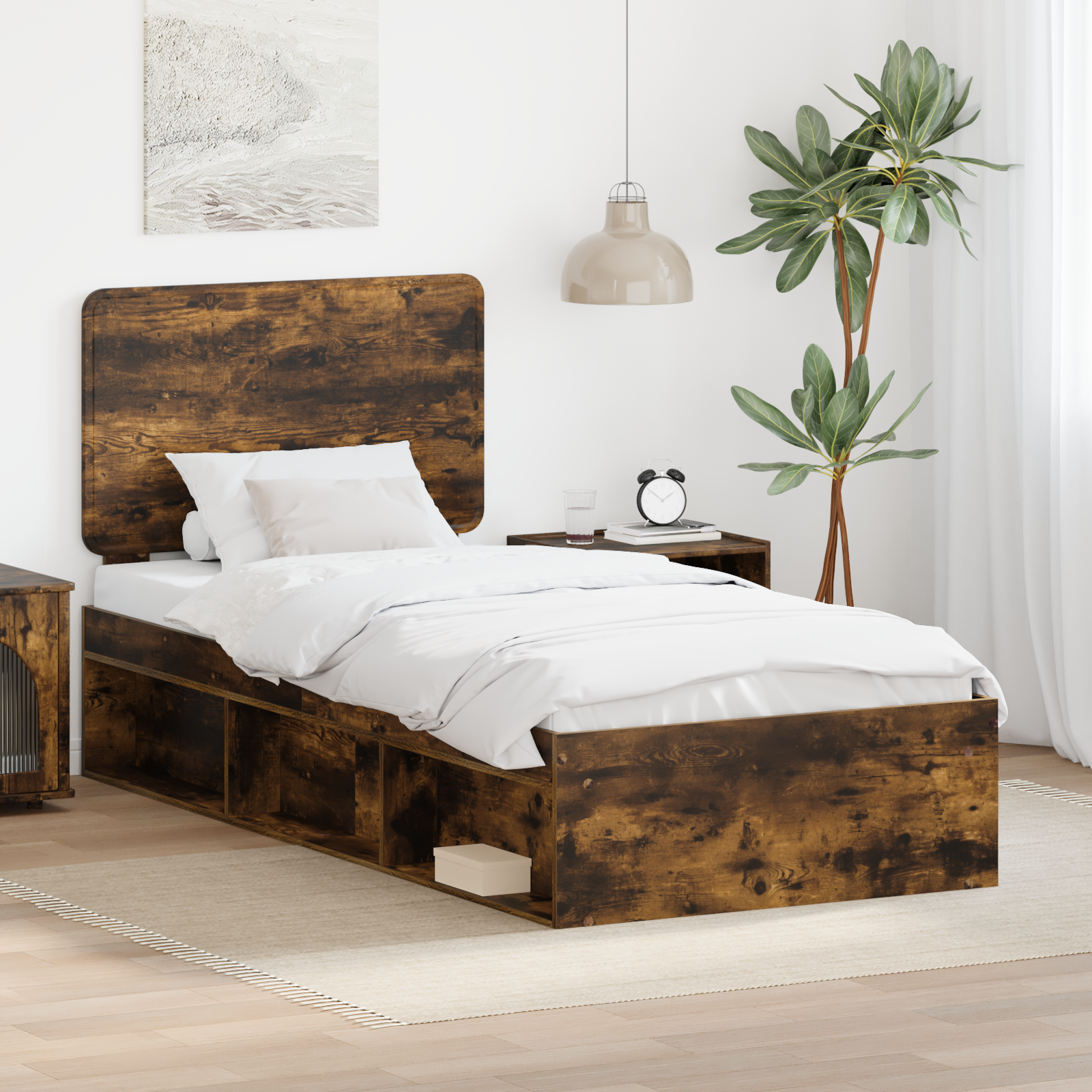 Sängram med huvudgavel Rökt ek 90 x 190 cm Massiv furu