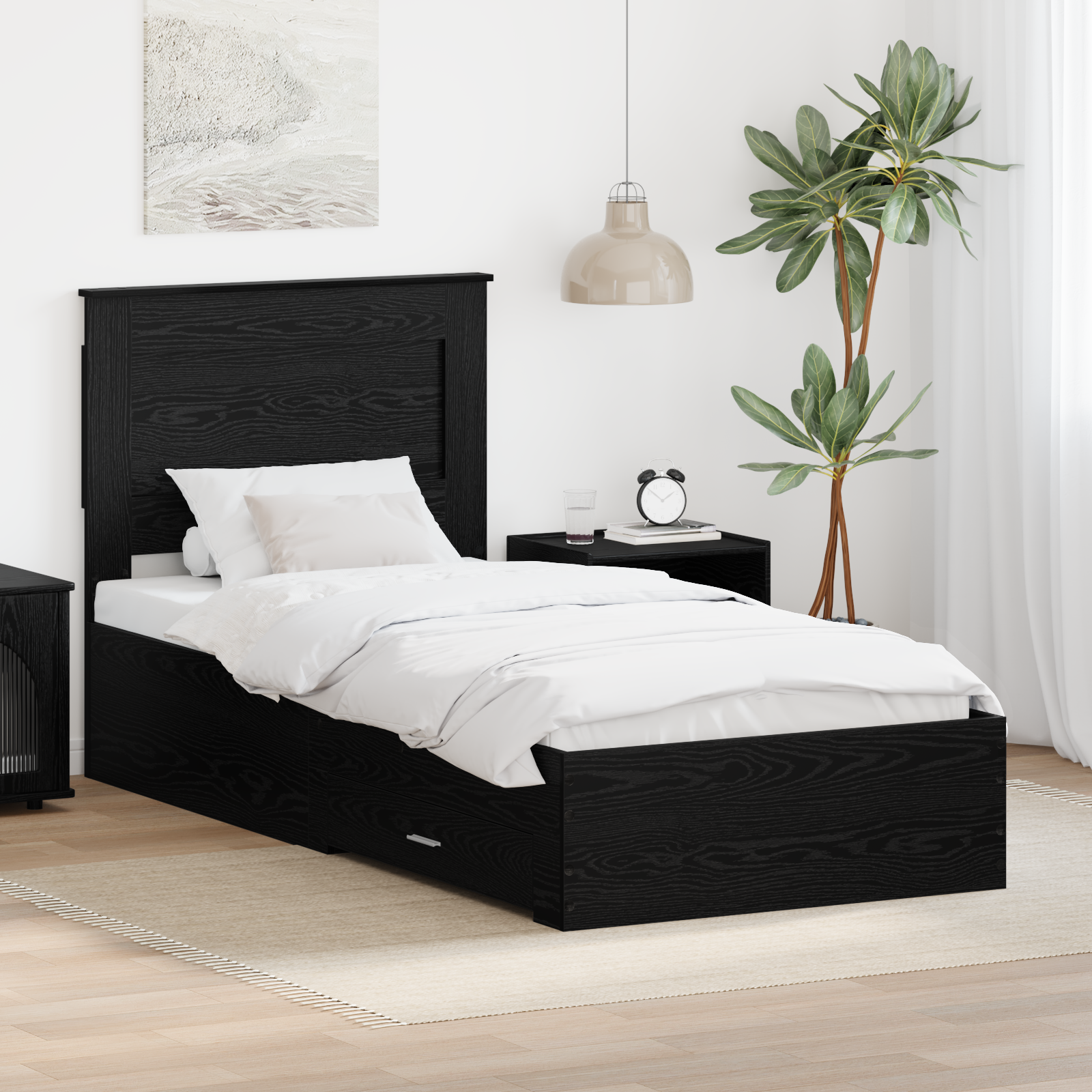 Sängram med låda Svart Ek 90 x 190 cm Konstruerat trä