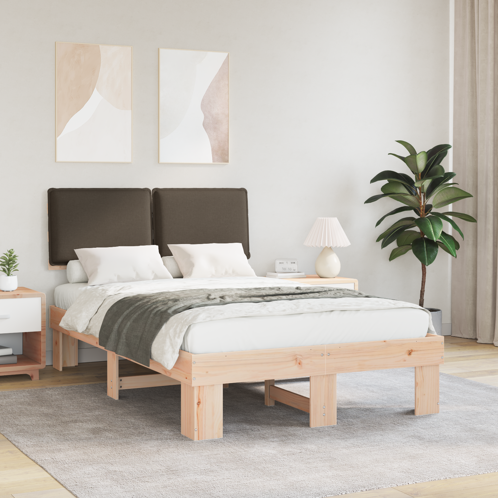 Sängram med Klädd Huvudgavel Taupe 120 x 200 cm Massiv furu