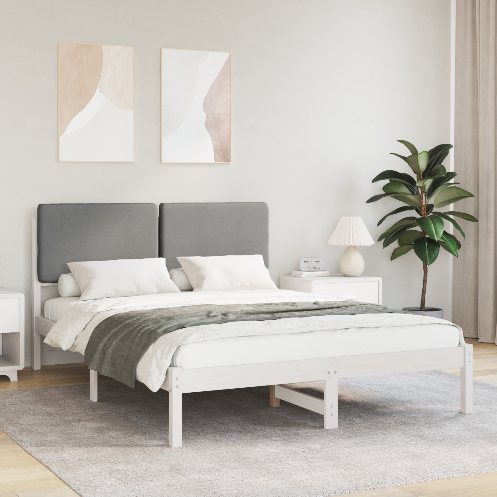 Sängram med Klädd Huvudgavel Ljusgrå 160 x 200 cm Massiv furu