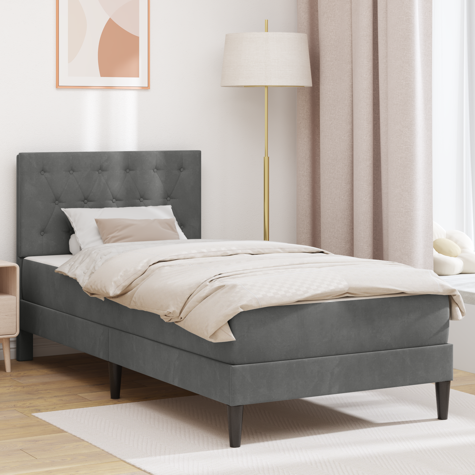 Sängram med madrass med huvudgavel Mörkgrå 90 x 190 cm Sammet