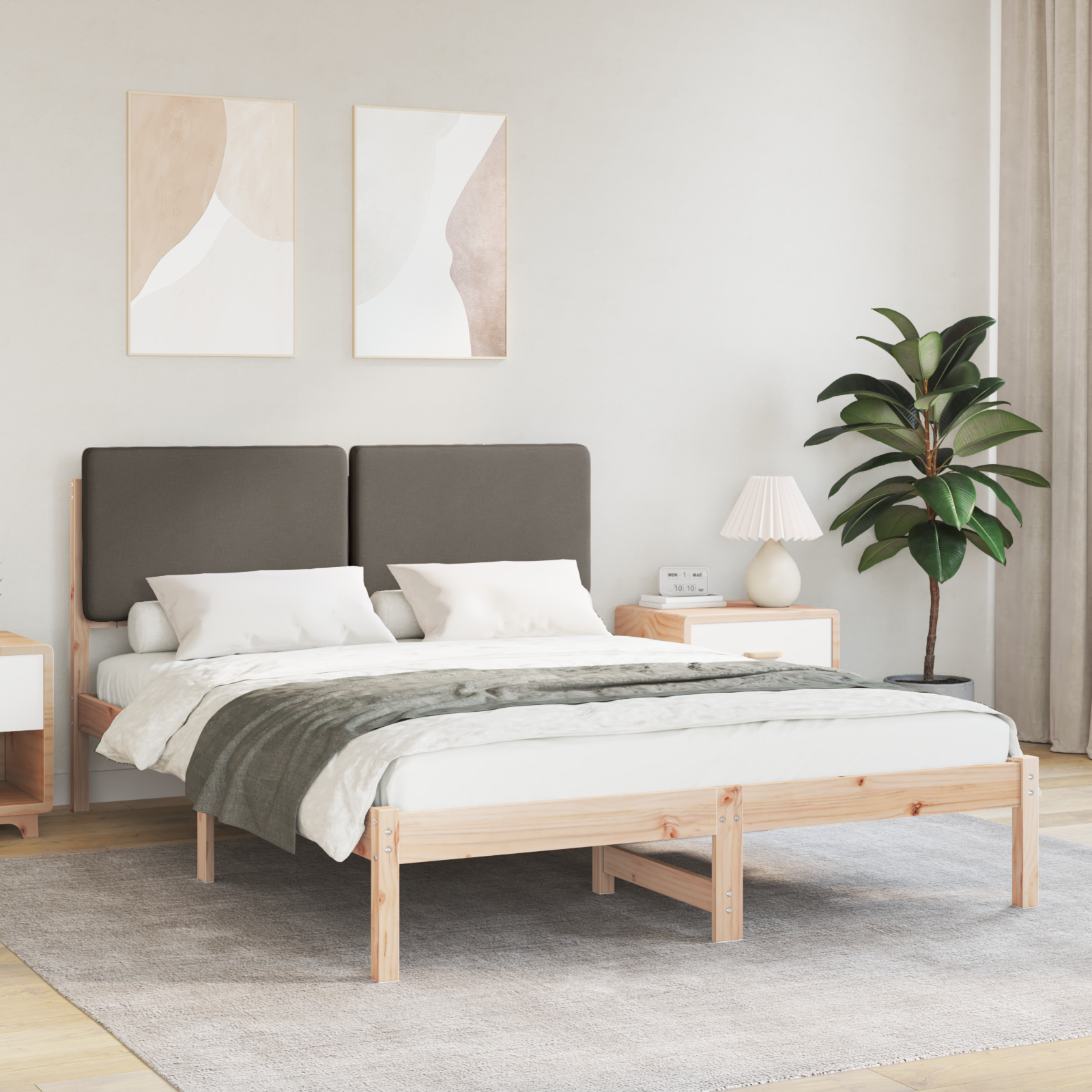 Sängram med Klädd Huvudgavel Taupe 150 x 200 cm Massiv furu