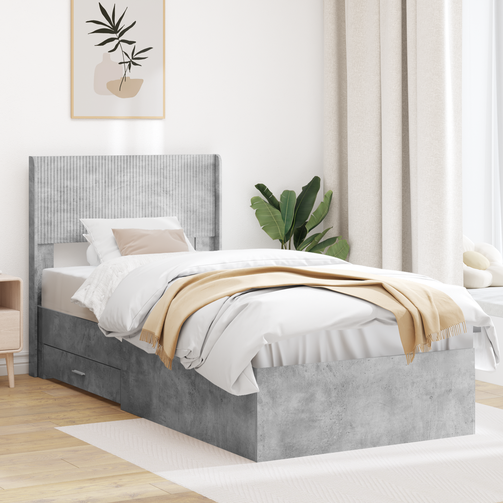Sängram med förvaring och huvudgavel Betonggrå 90 x 190 cm