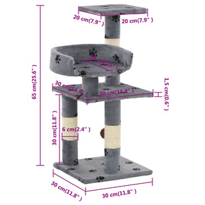 Klösträd med klöspelare i sisal 65 cm tassavtryck grå
