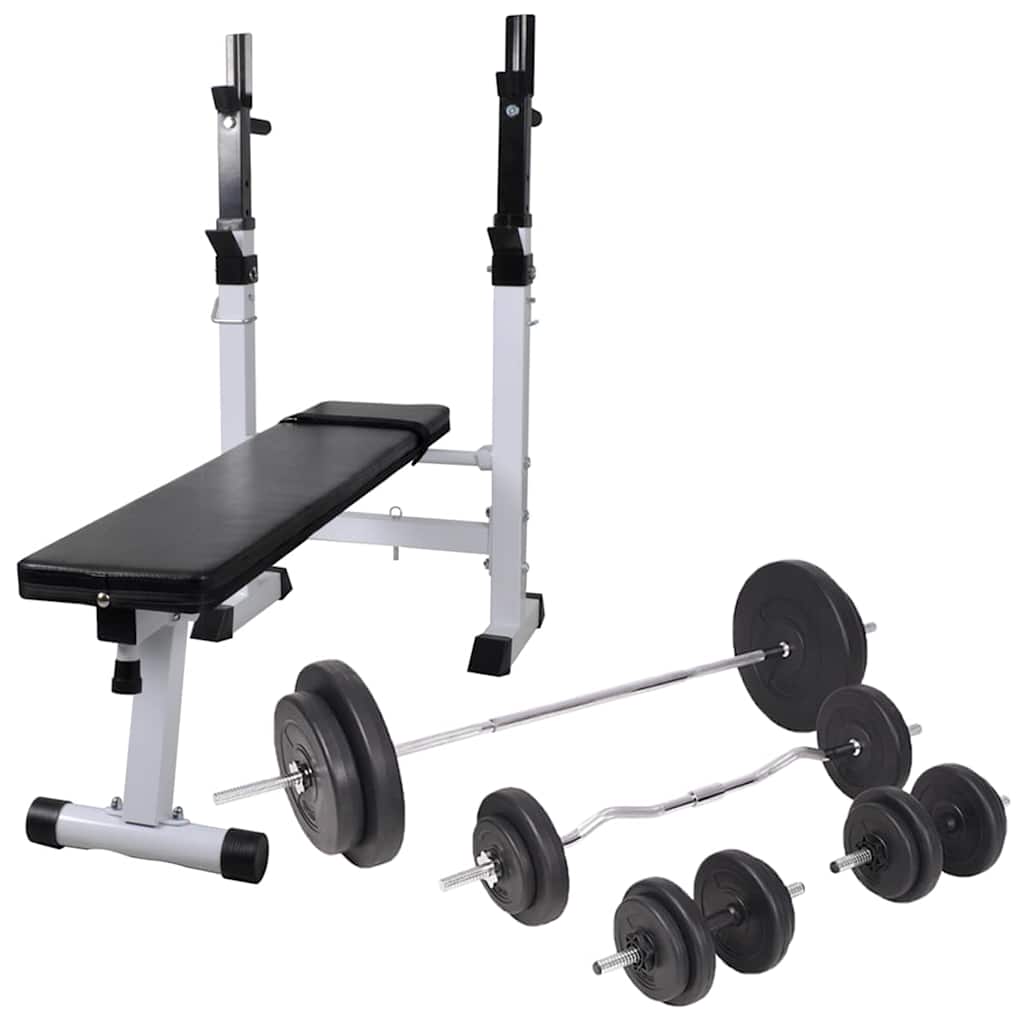 Träningsbänk set med viktställning skivstång och hantlar 90 kg