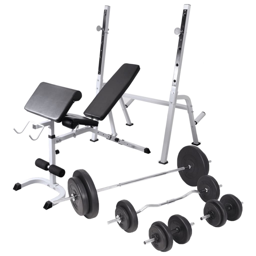 Träningsbänk set med viktställning skivstång och hantlar 90 kg