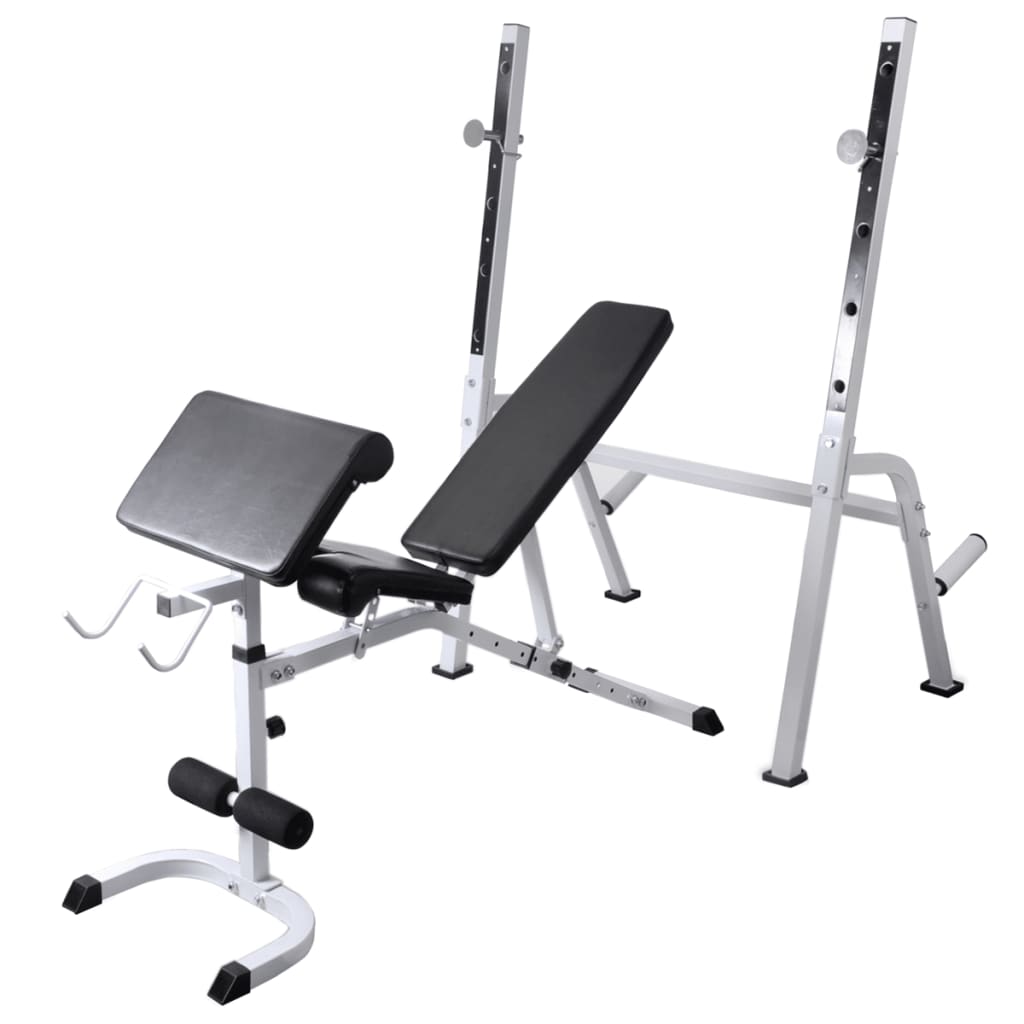 Träningsbänk set med viktställning skivstång och hantlar 90 kg