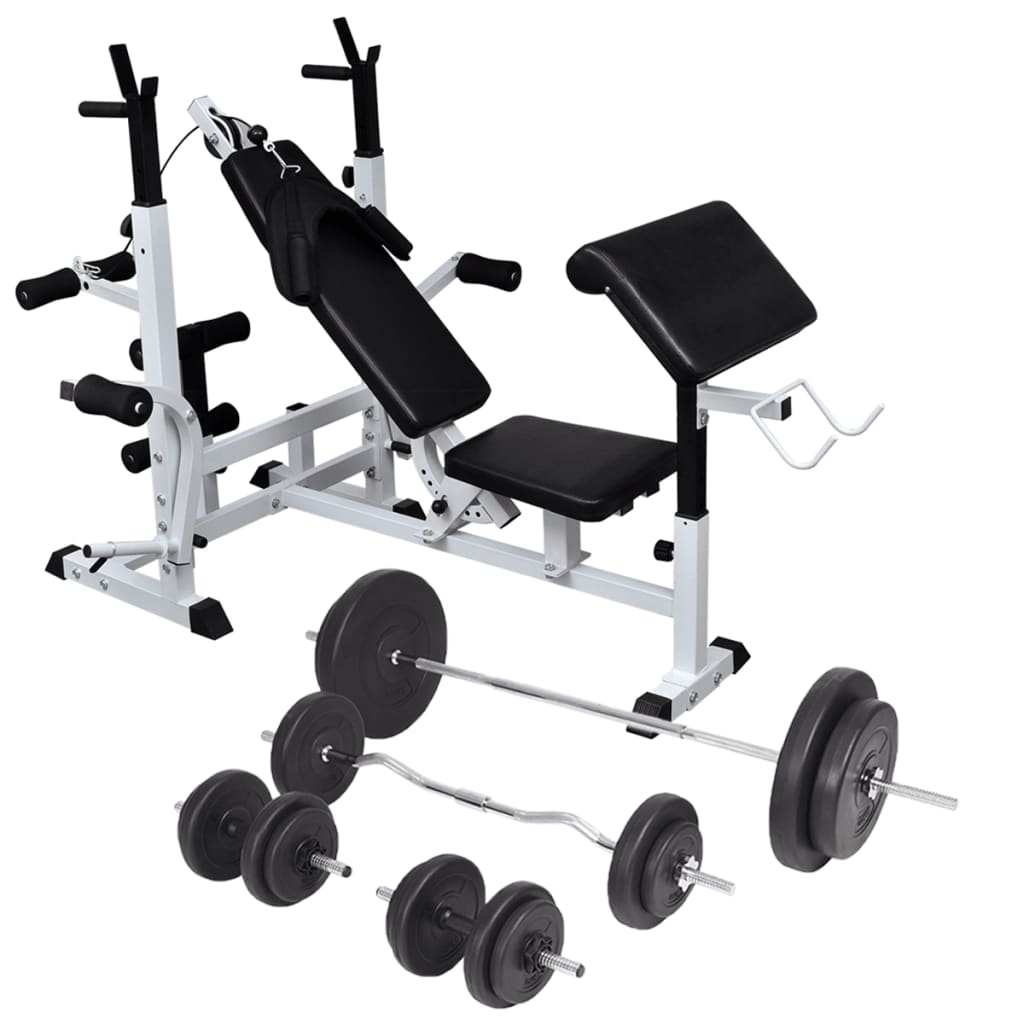 Viktbänk set med viktställning skivstång och hantlar 90 kg