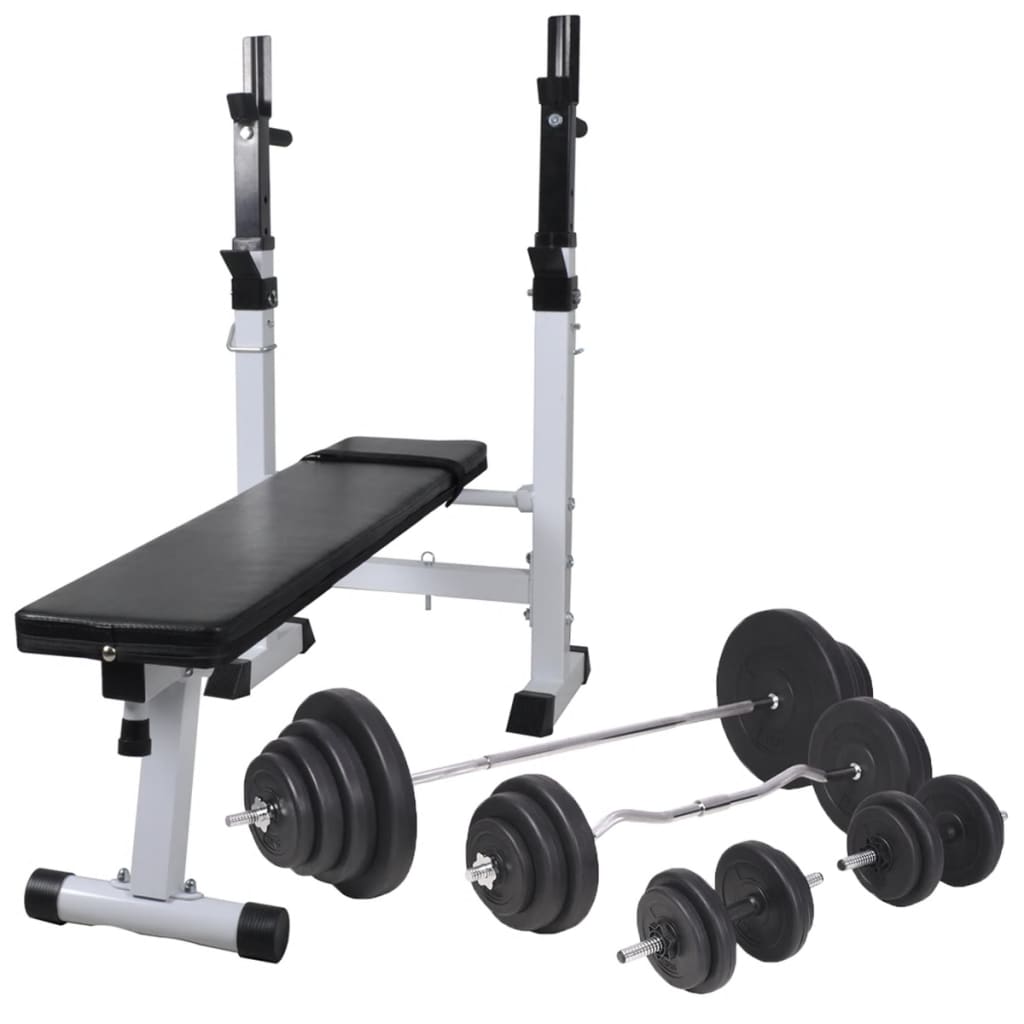 Träningsbänk set med viktställning skivstång och hantlar 120 kg