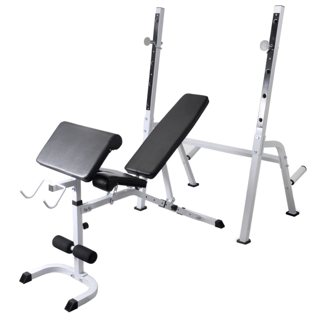 Träningsbänk set med viktställning skivstång och hantlar 120 kg
