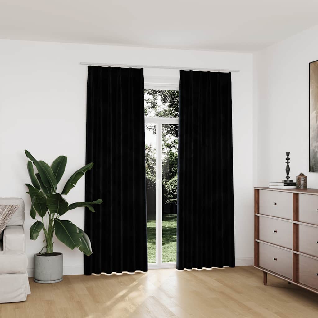 Mörkläggningsgardiner 2 st med krokar sammet svart 140x225 cm