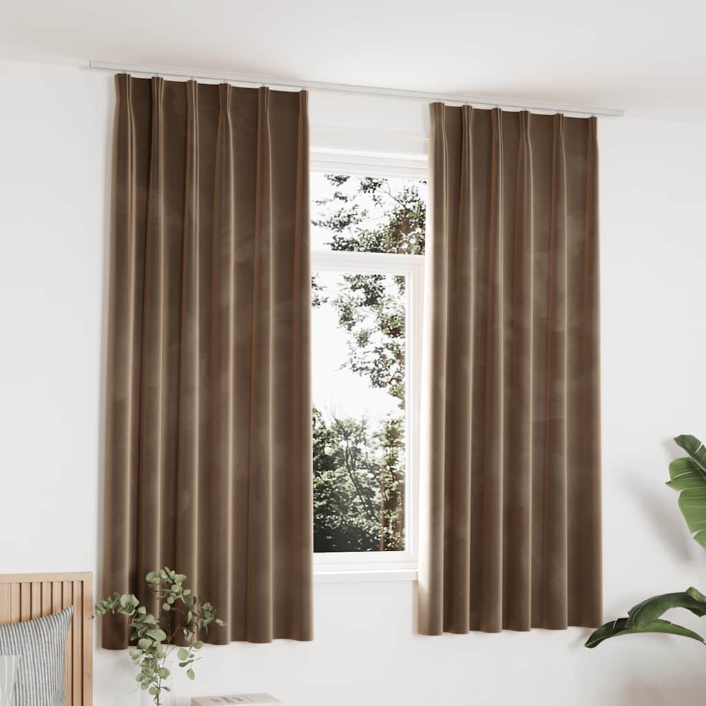 Mörkläggningsgardiner 2 st m. krokar sammet beige 140x175 cm