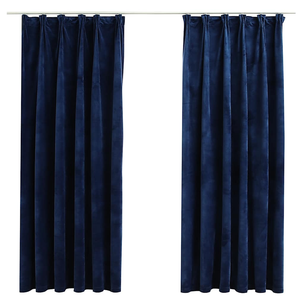 Mörkläggningsgardiner 2 st med krokar sammet mörkblå 140x175 cm