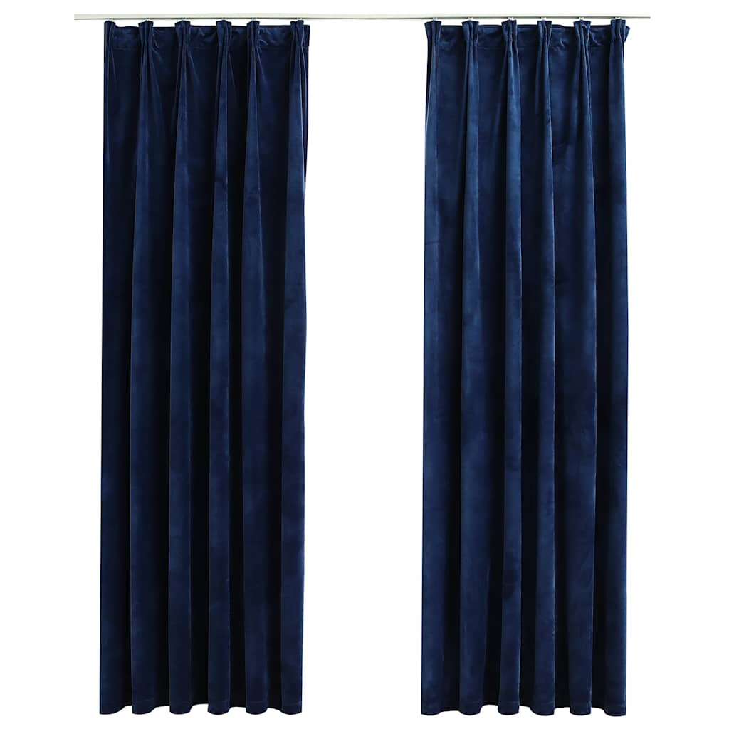Mörkläggningsgardiner 2 st med krokar sammet mörkblå 140x225 cm