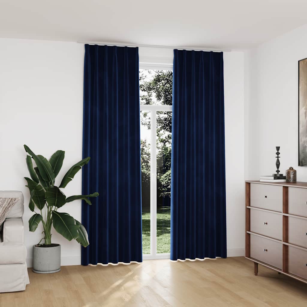 Mörkläggningsgardiner 2 st med krokar sammet mörkblå 140x245 cm