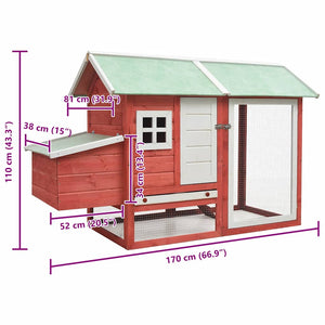 Hönshus röd 170x81x110 cm massiv furu & granträ