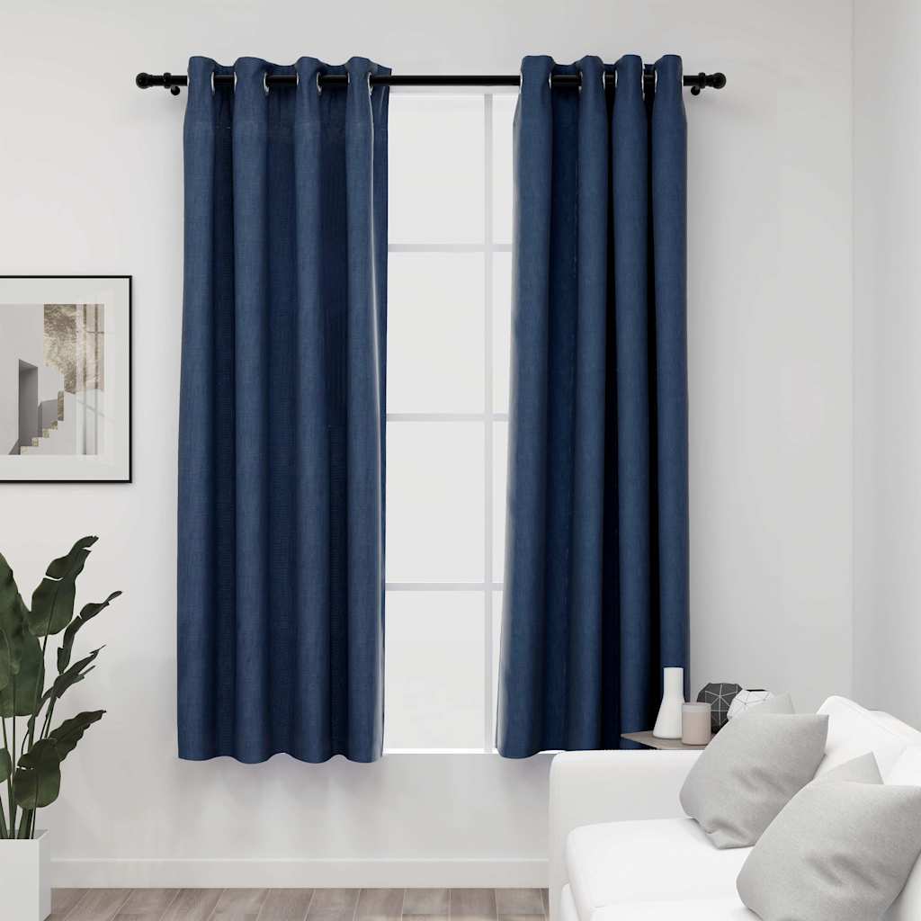 Mörkläggningsgardin med öljetter linnelook 2 st blå 140x175cm
