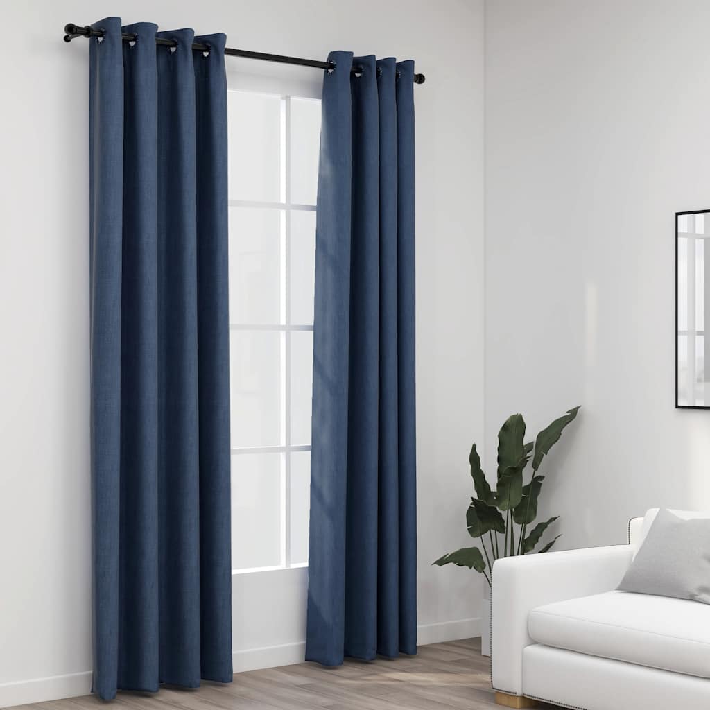 Mörkläggningsgardin med öljetter linnelook 2 st blå 140x245cm