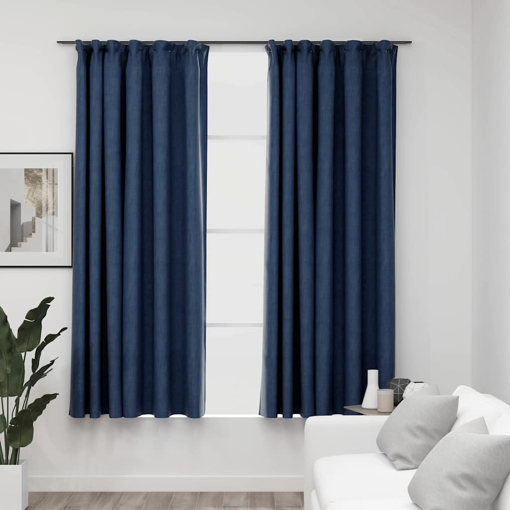 Mörkläggningsgardin med krokar linnelook 2 st blå 140x175 cm