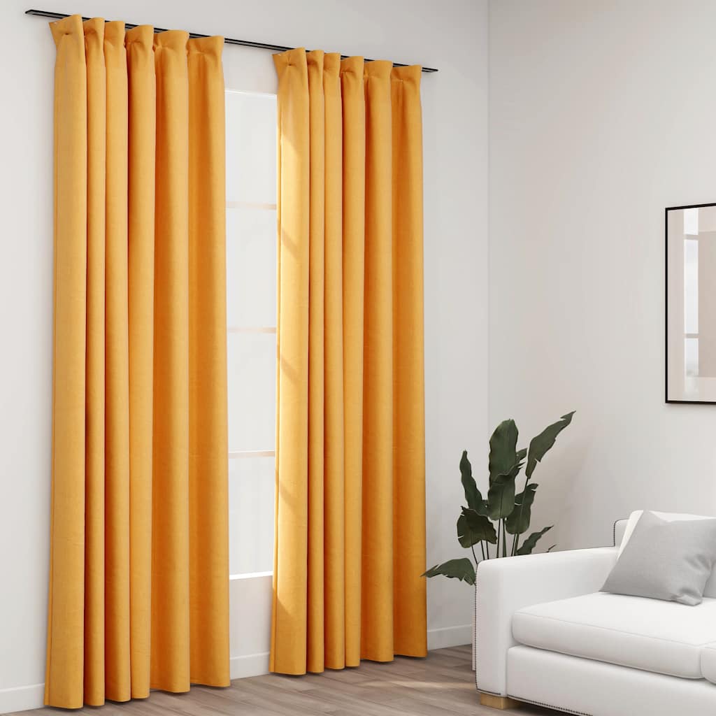 Mörkläggningsgardiner med krokar linnelook 2 st gul 140x245 cm