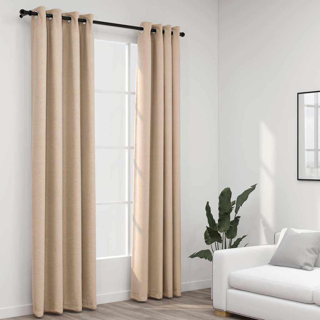 Mörkläggningsgardin med öljetter linnelook 2 st beige 140x225cm