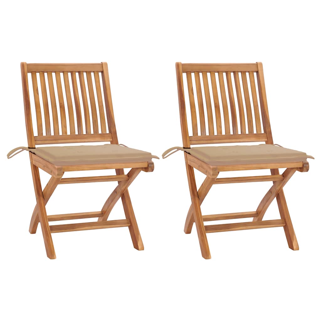 Hopfällbara stolar 2 st med beige dynor i massivt teakträ