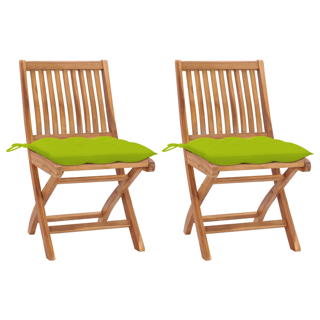Hopfällbara stolar 2 st med ljusgröna dynor i massivt teakträ