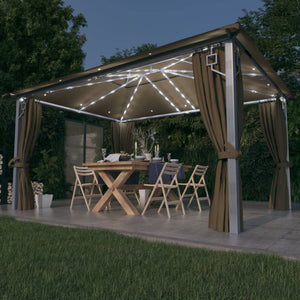 Paviljong med gardin & ljusslinga LED 4x3m taupe aluminium