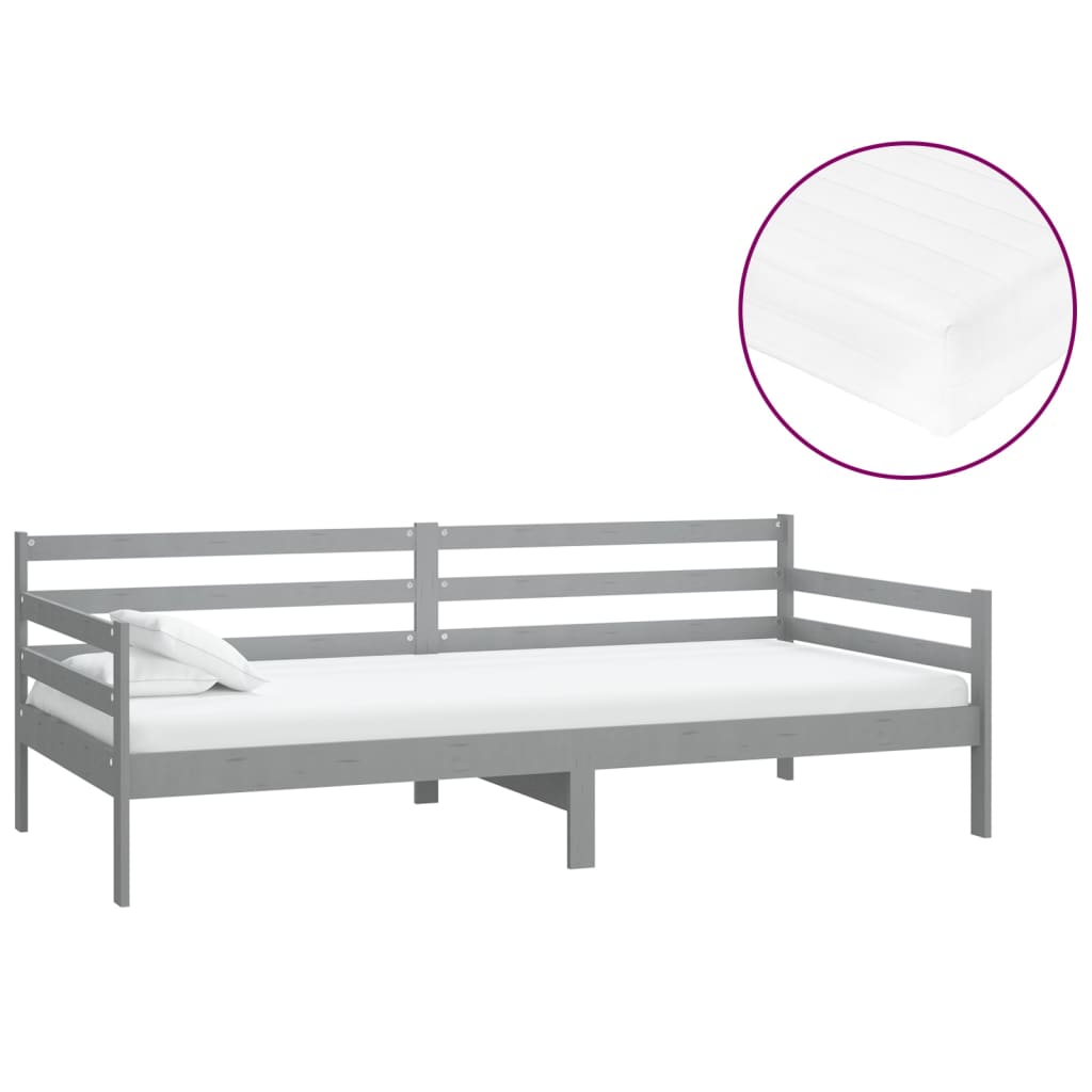 Dagbädd med madrass 90x200 cm grå massiv furu