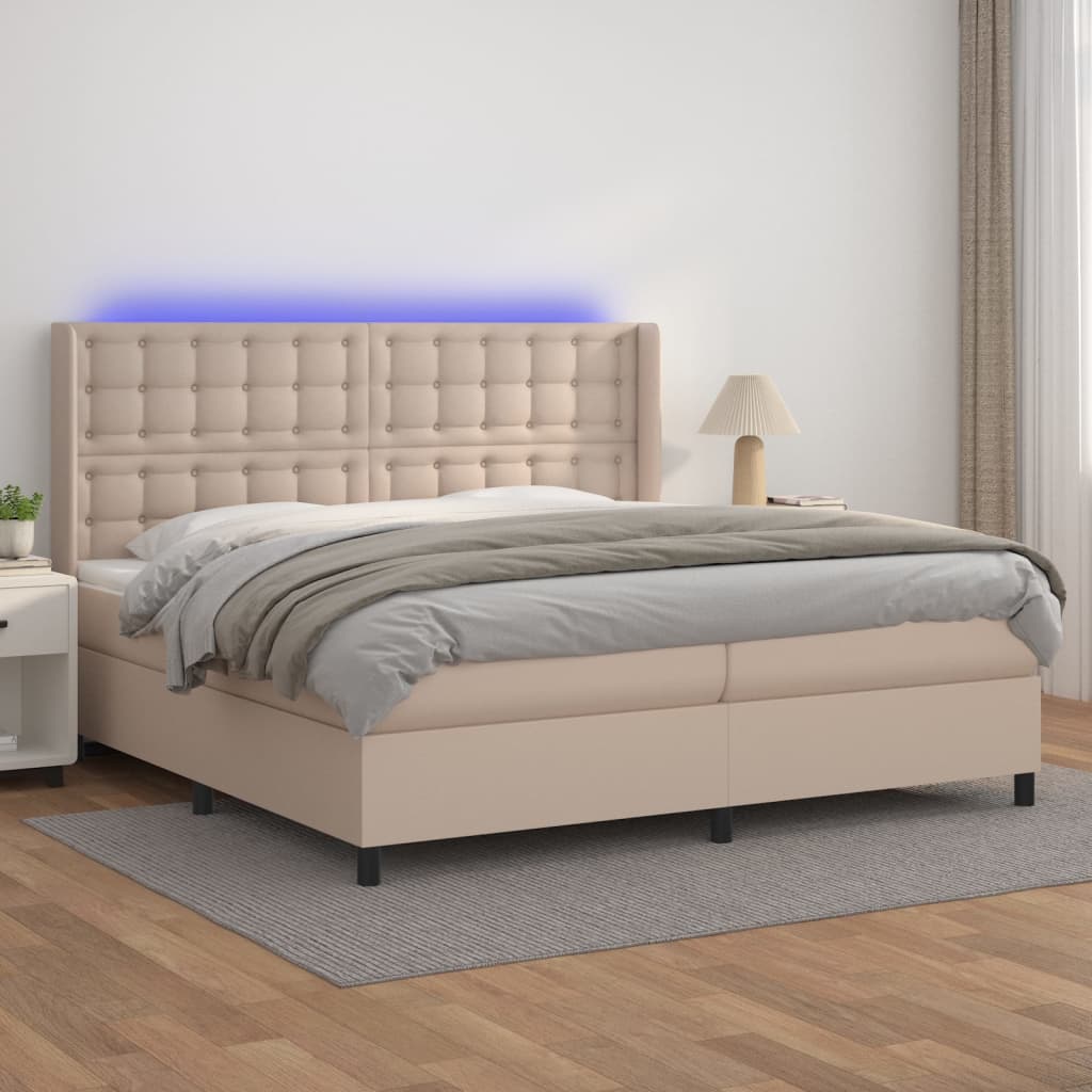 Ramsäng med bäddmadrass & LED cappuccino 200x200 cm konstläder