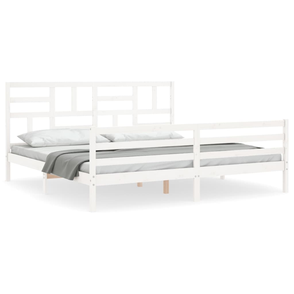 Sängram med huvudgavel vit 200x200 cm massivt trä