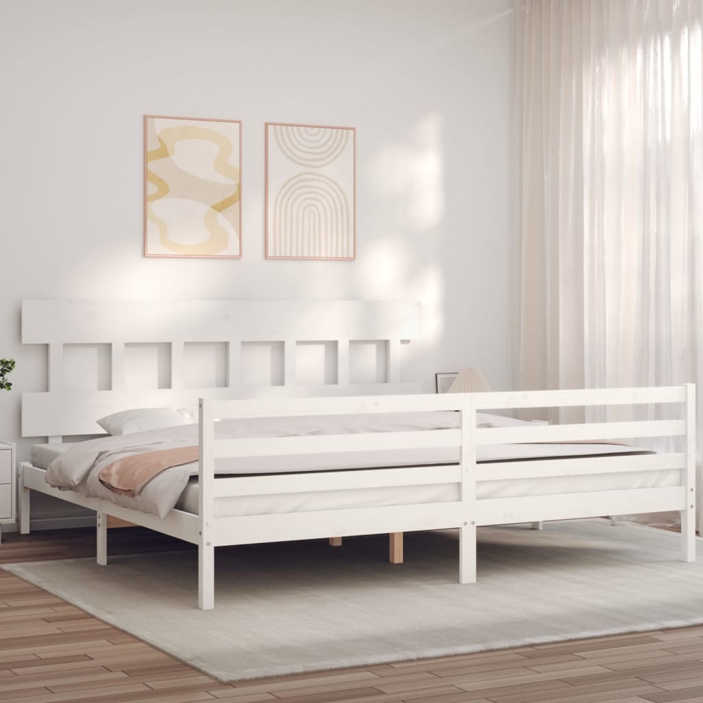 Sängram med huvudgavel vit 200x200 cm massivt trä