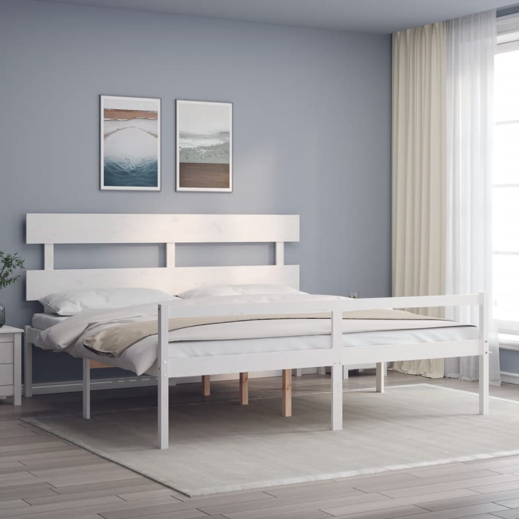 Sängram med sänggavel vit 200x200 cm massivt trä