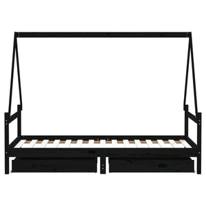 Sängram med lådor för barn svart 90x190 cm massiv furu