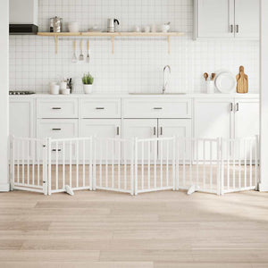 Hundgrind med dörr vikbar 6 paneler vit 300 cm massivt granträ