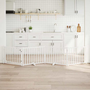 Hundgrind med dörr vikbar 4 paneler vit 320 cm massivt granträ