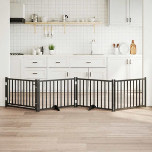 Hundgrind med dörr vikbar 4 paneler svart 320cm massivt granträ