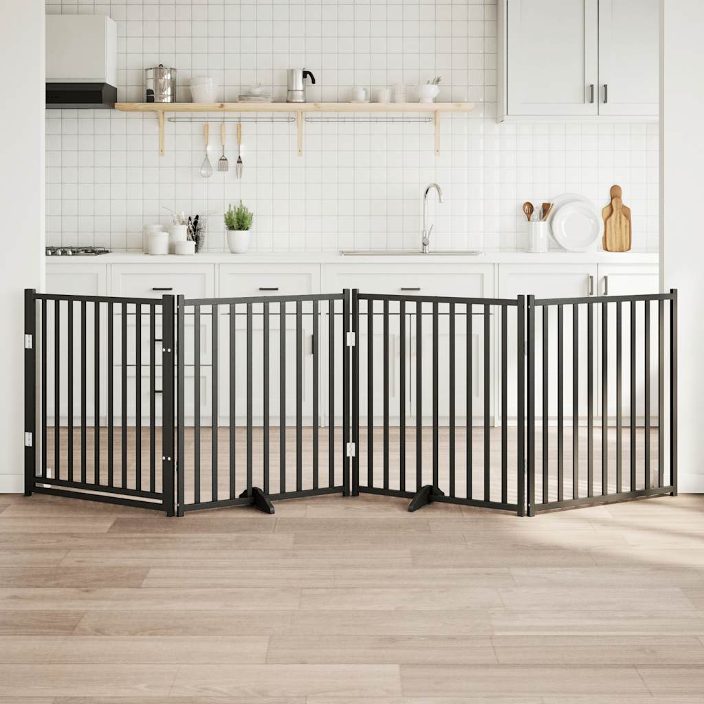Hundgrind med dörr vikbar 4 paneler svart 320cm massivt granträ
