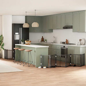 Hundgrind med dörr vikbar 9 paneler svart 450 cm poppel