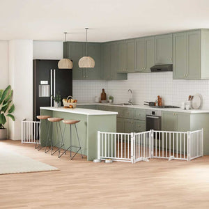 Hundgrind med dörr vikbar 6 paneler vit 480 cm poppel