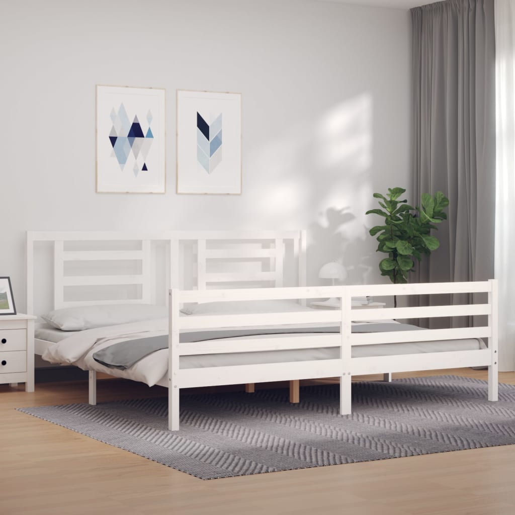 Sängram med huvudgavel vit 200x200 cm massivt trä