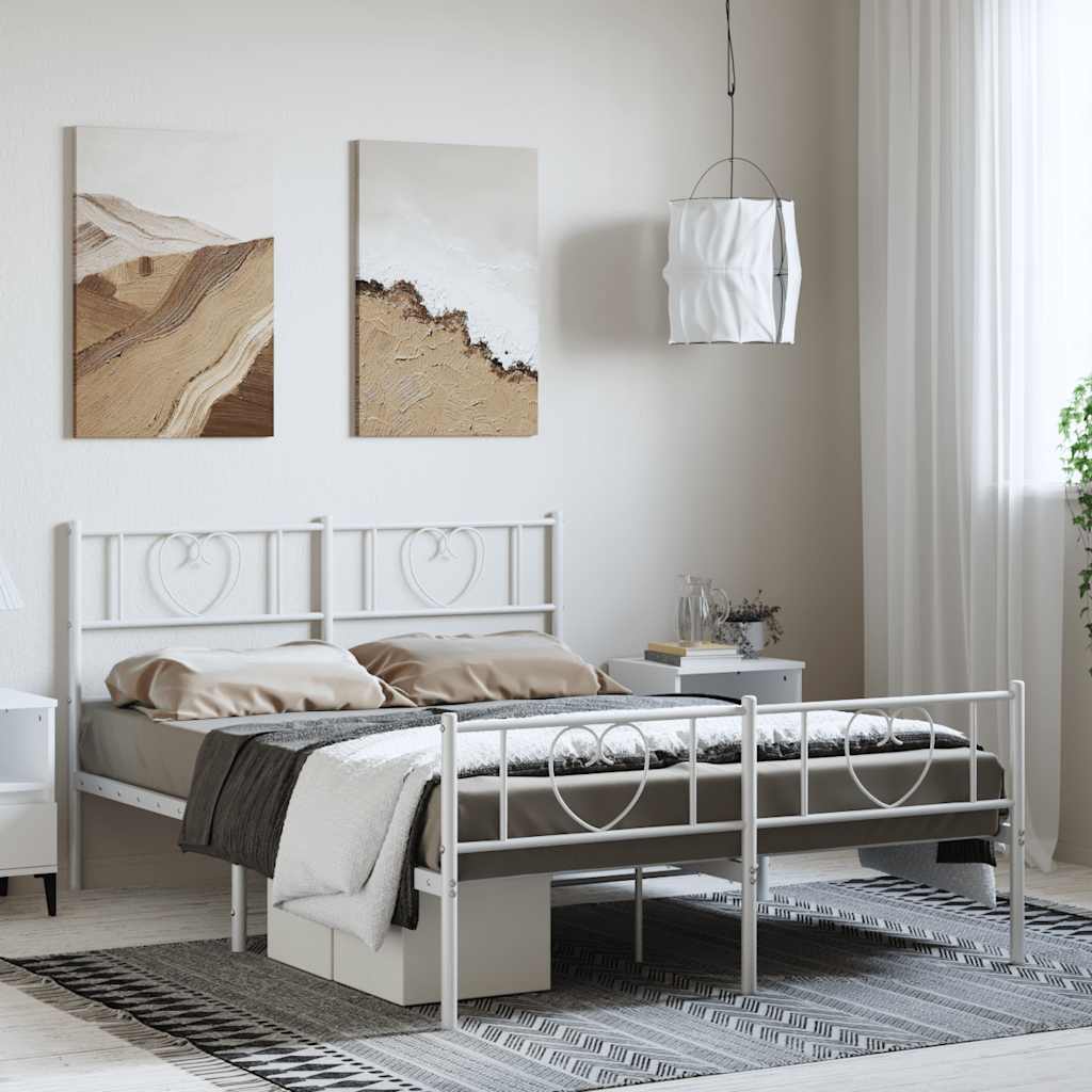 Sängram med huvudgavel och fotgavel vit metall 150x200 cm