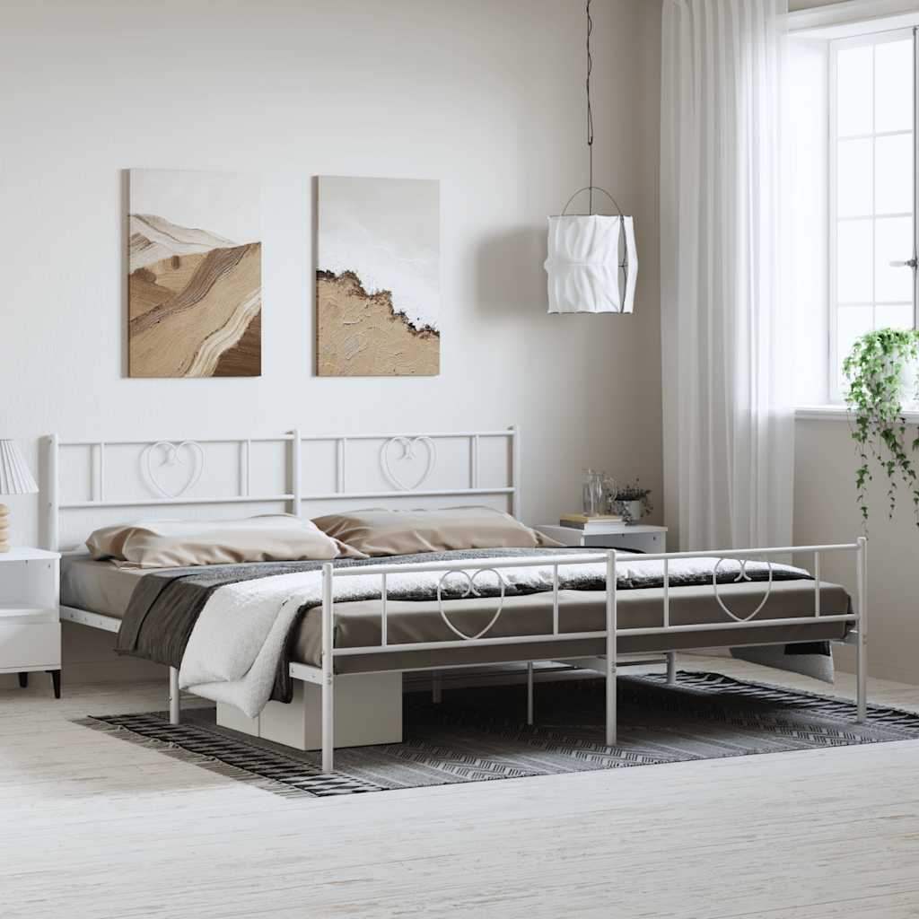Sängram med huvudgavel och fotgavel vit metall 183x213 cm