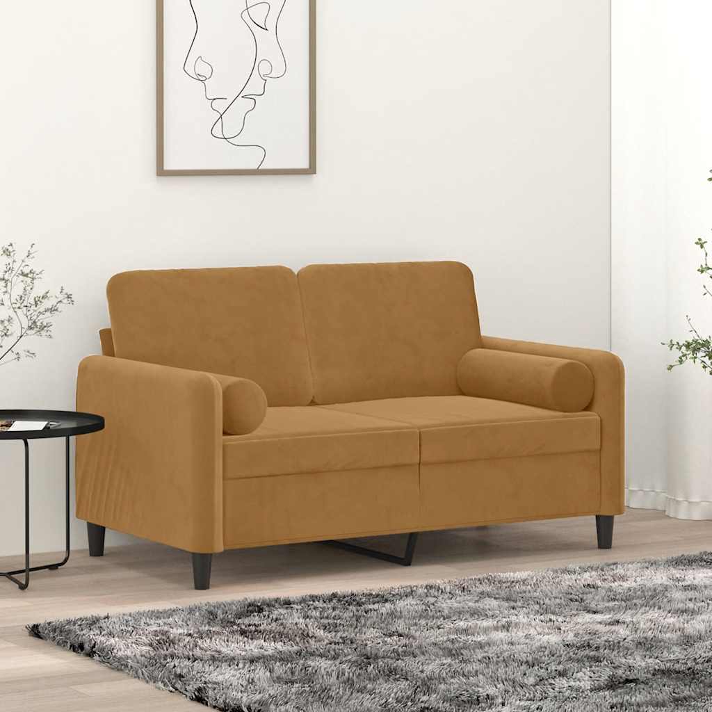 2-sitssoffa med prydnadskuddar brun 120 cm sammet