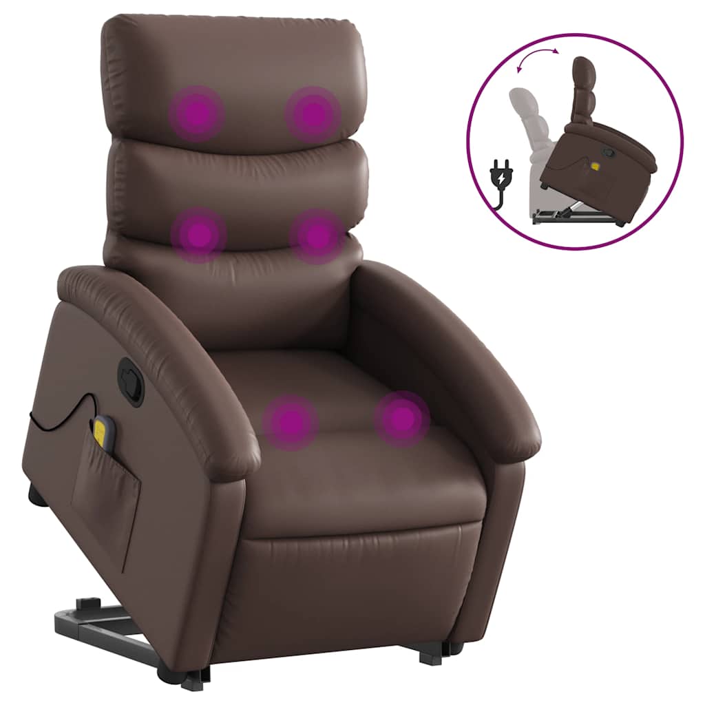 Massagefåtölj med uppresningshjälp brun konstläder