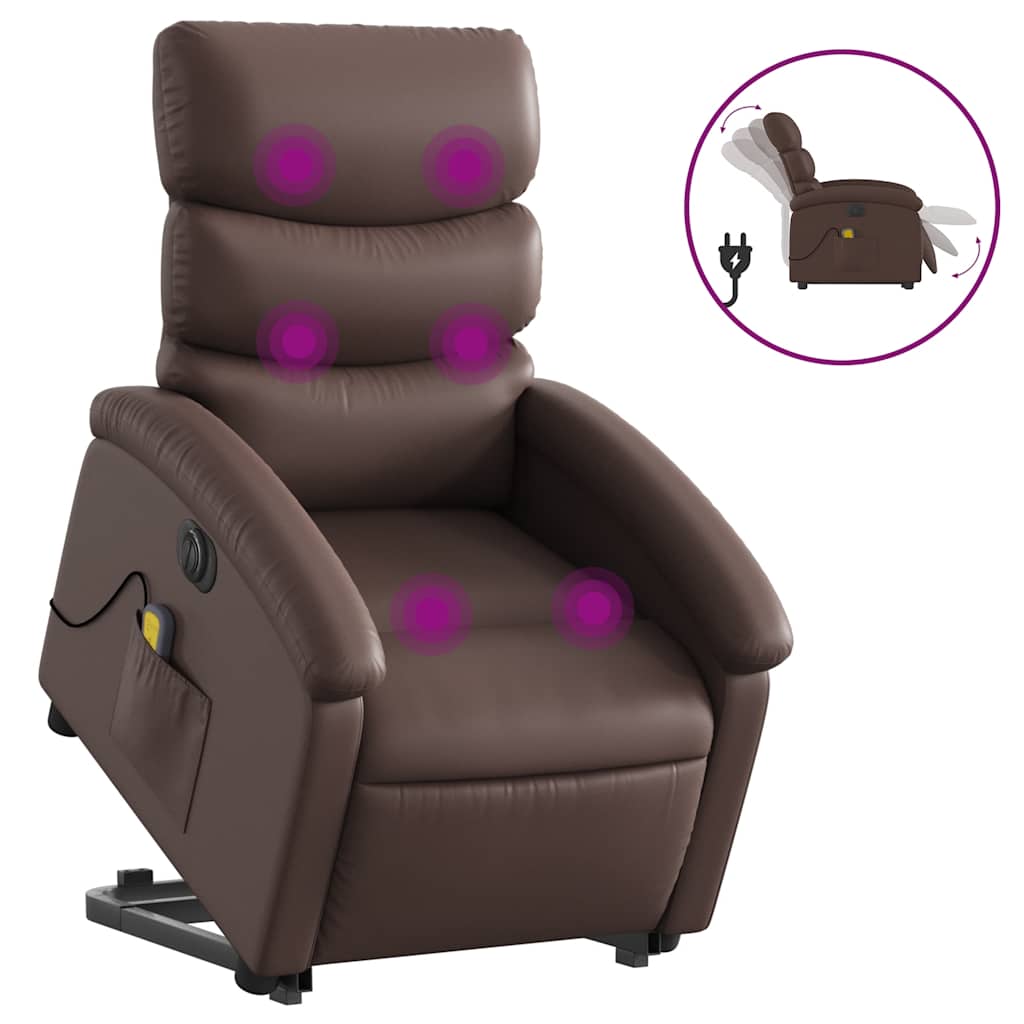 Massagefåtölj med uppresningshjälp brun konstläder