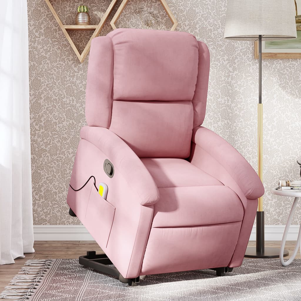 Massagefåtölj med uppresningshjälp rosa sammet