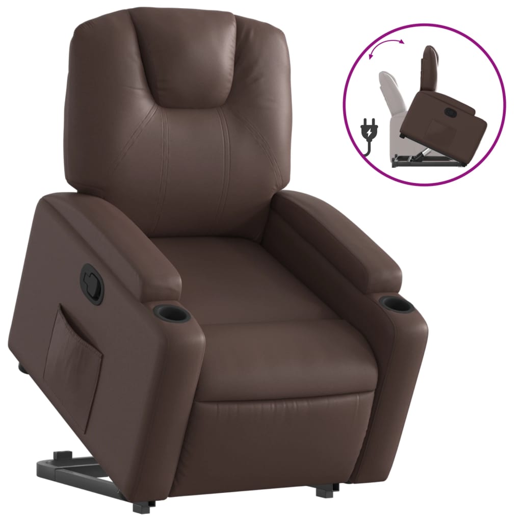 Reclinerfåtölj med uppresningshjälp brun konstläder