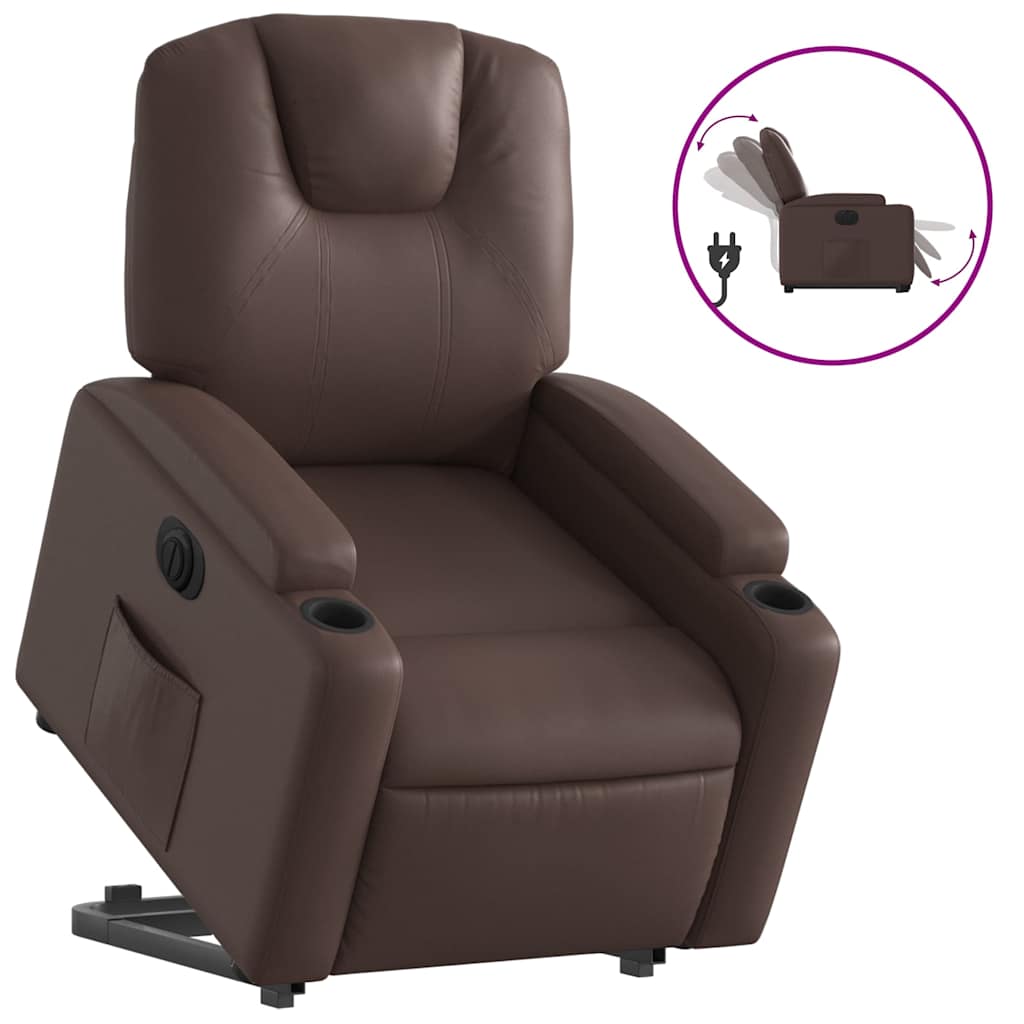 Reclinerfåtölj med uppresningshjälp brun konstläder