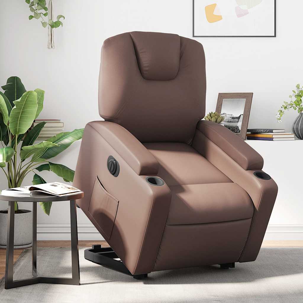 Reclinerfåtölj med uppresningshjälp brun konstläder